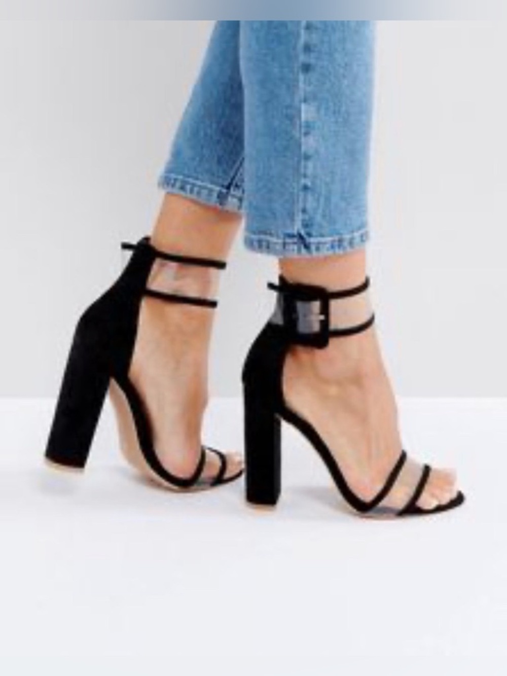 Public Desire Black Strappy Block Heel Sandals Buckle Clear Strap Women's Size 9